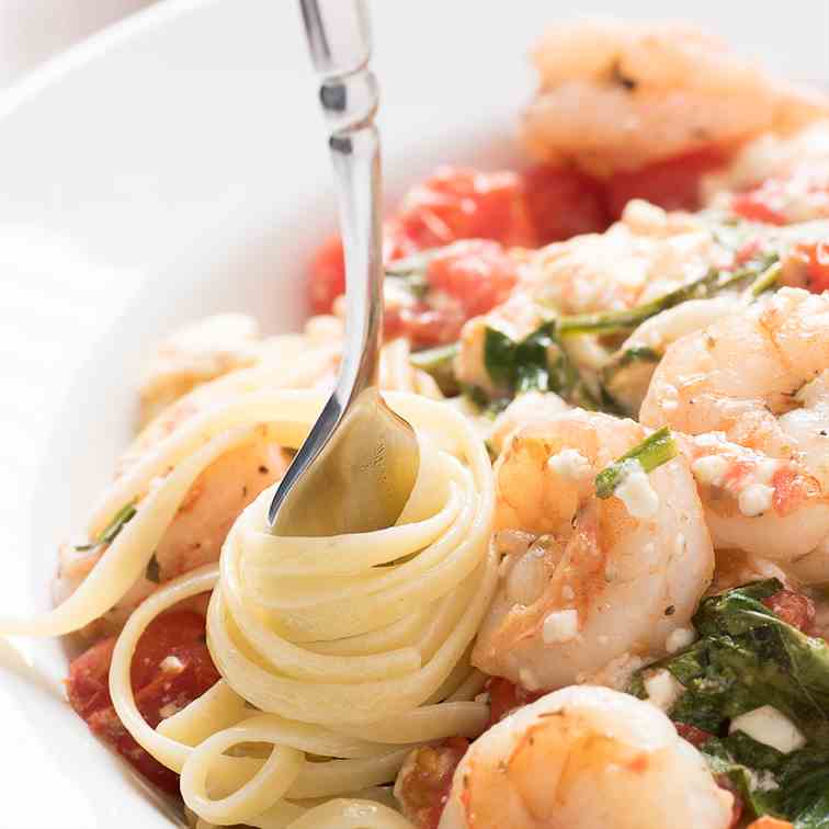 Spicy Shrimp Pasta with Feta - Tomatoes