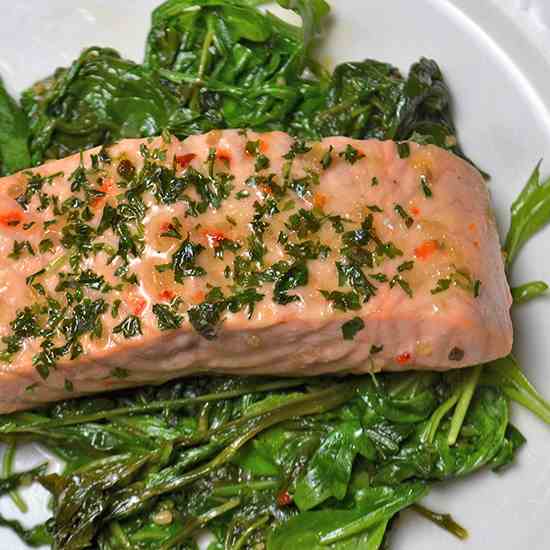 Roasted Salmon with Wilted Greens