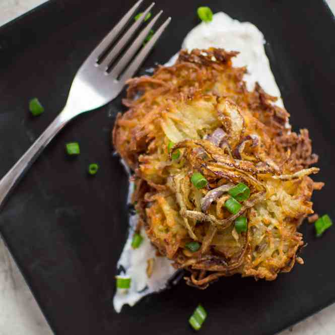 Twice-Cooked Latkes with Shallot Cream