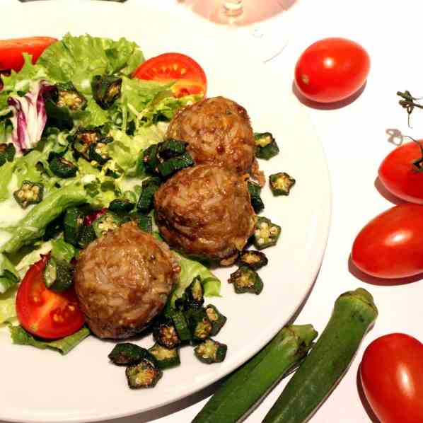 Rice-Meatballs with Okra on Salad