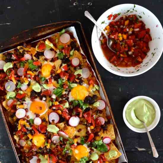 Huevos Rancheros Nachos w/ Avocado Crema