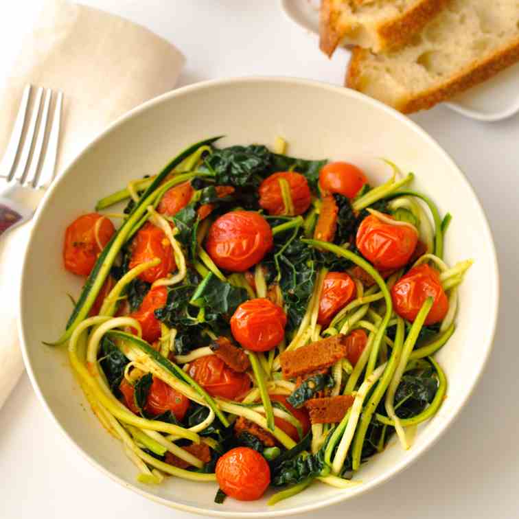 Zoodles with Vegan Bacon, Tomatoes - Kale
