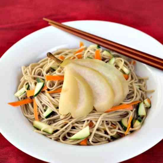 Tea-Poached Pears with Soba Noodles