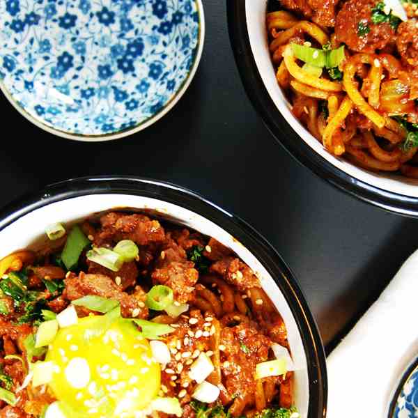 Spicy Pork Chorizo Noodles with Kale - Egg