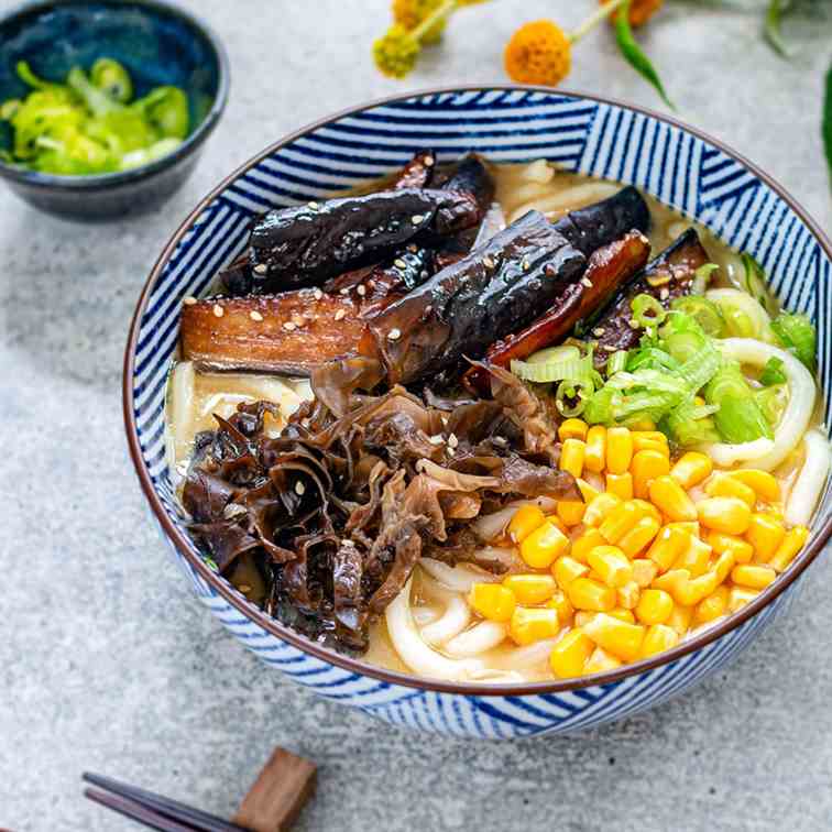 Miso udon with teriyaki aubergine