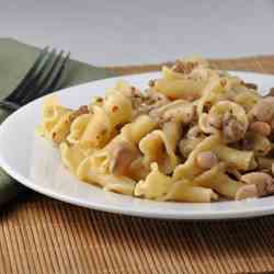 Campanelle with sausage, beans, and mascar