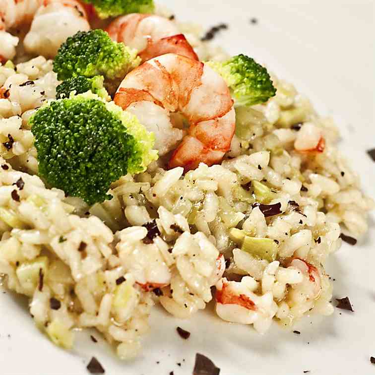 Risotto with broccoli, prawns & chocolate