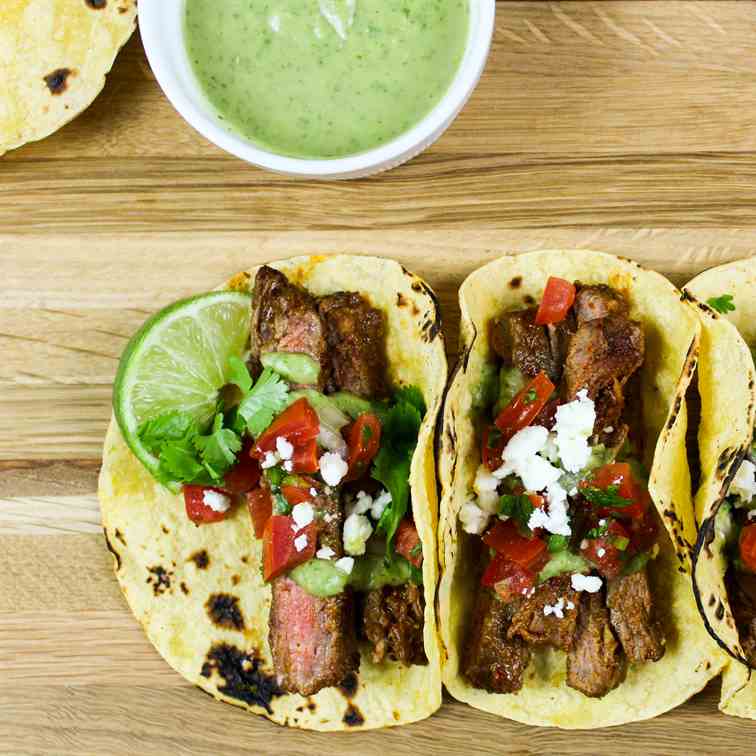 Carne Asada Tacos with Avocado Crema