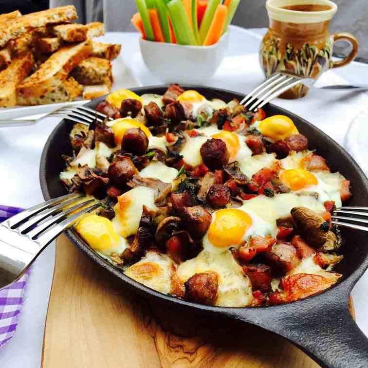 Quail eggs, mushrooms and bacon