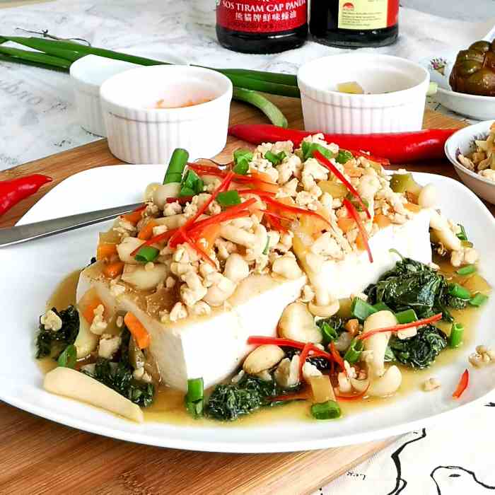 Chinese tofu with mushroom and meat sauce