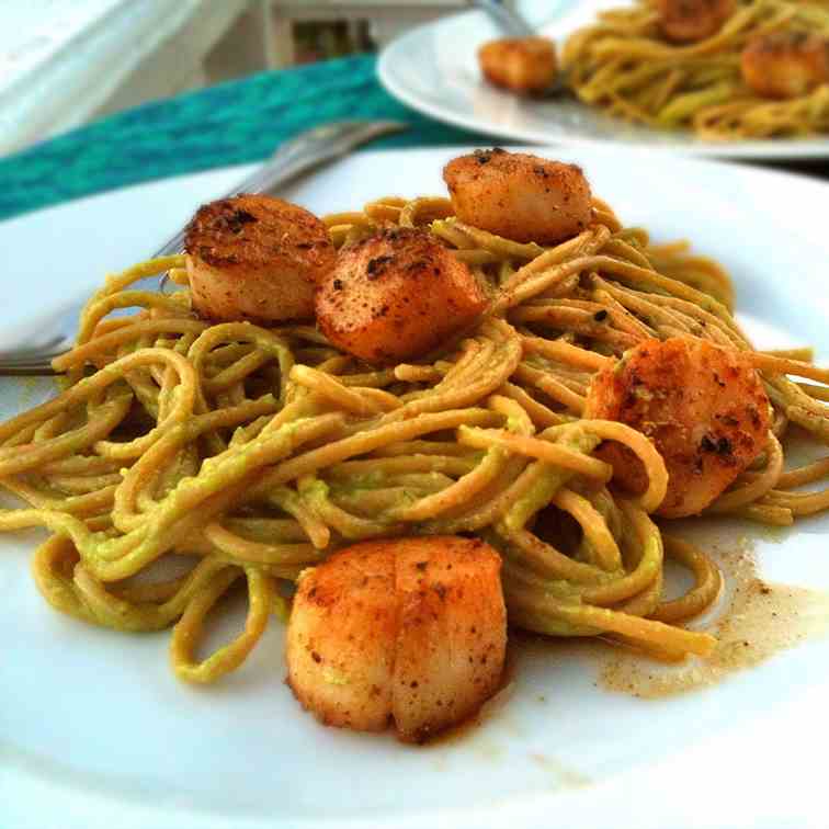 Avocado Pasta with Scallops