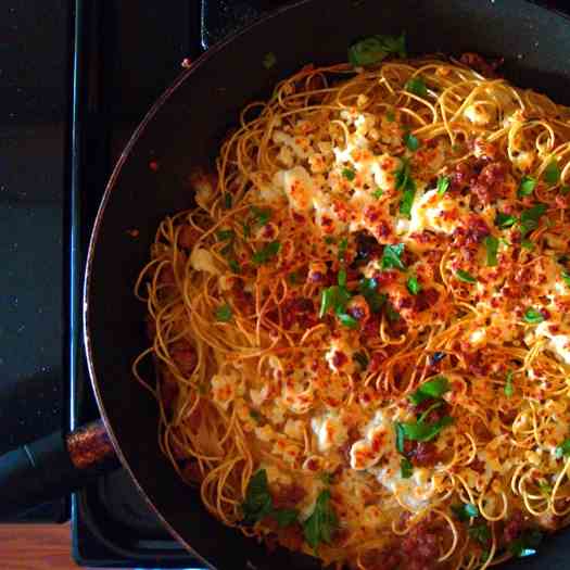 Spaghetti "Pizza" with Sausage & Feta