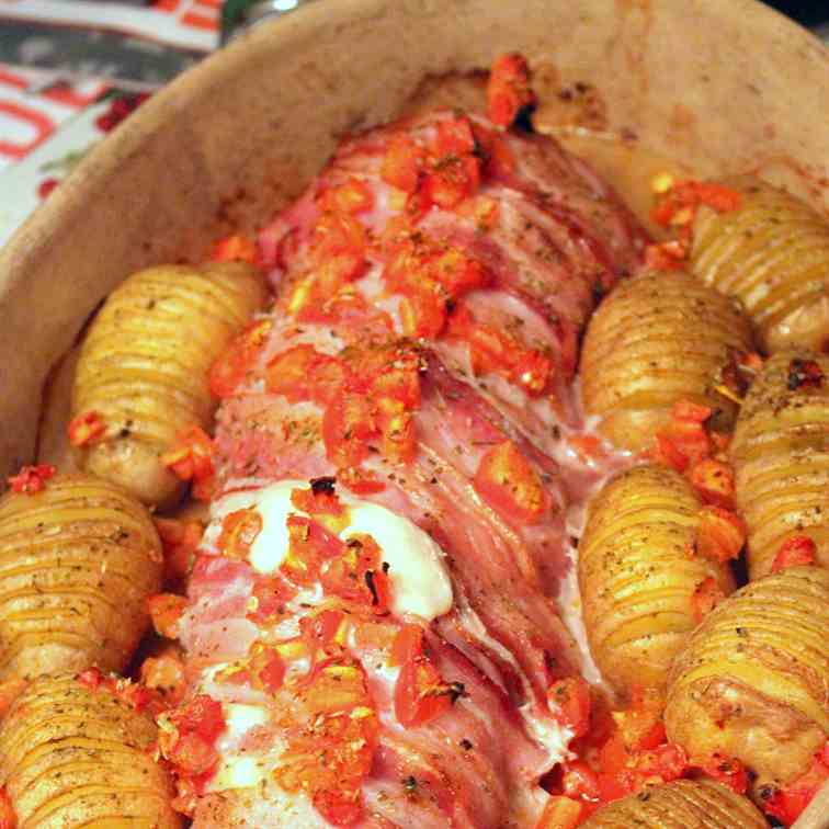 Bacon wrapped Pork Fillet w Hasselback Pot