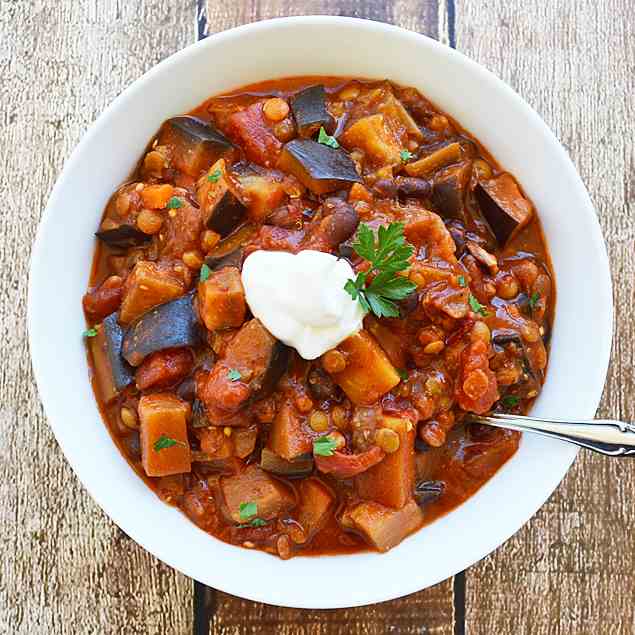 Lentil, Black Bean & Eggplant Chili