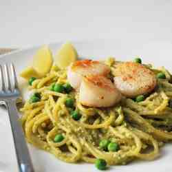 Spaghetti with Pesto Peas and Scallops