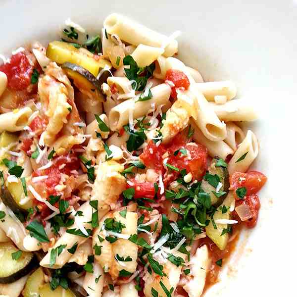 Rigatoni with sea bass and tomatoes