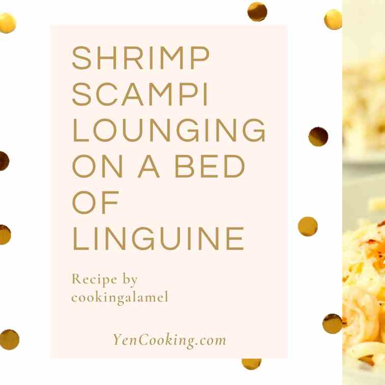 Shrimp scampi lounging on linguine