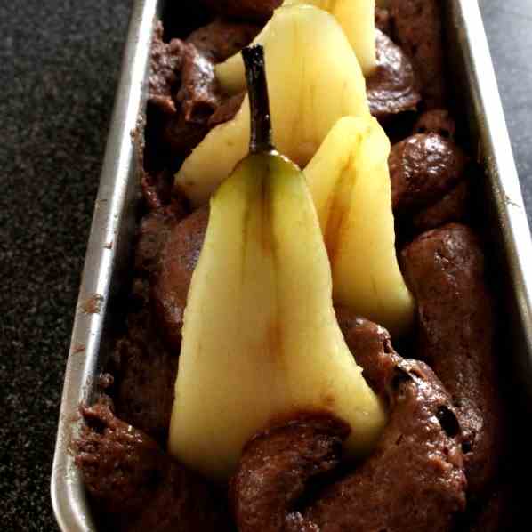 Chocolate pear cake w caramel syrup