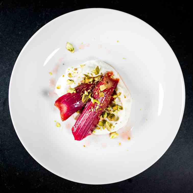 Braised Rhubarb with Yogurt and Pistachios