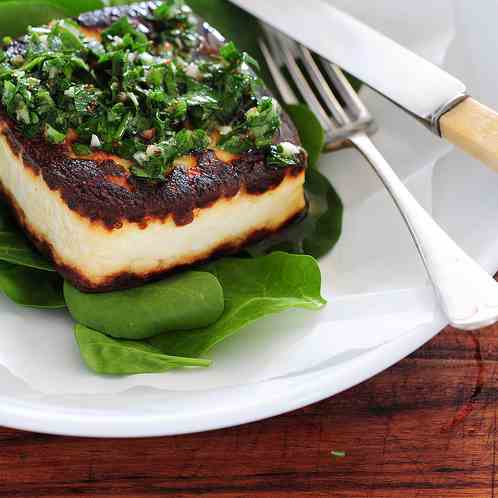 tofu steaks with chimichurri & spinach