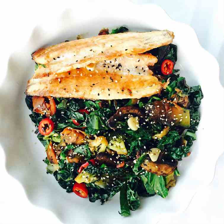 Cavalo nero and kale sea bass stir fry