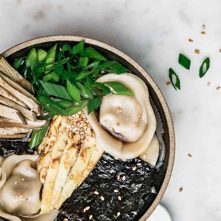 Vegan Dumpling and Rice Cake Soup