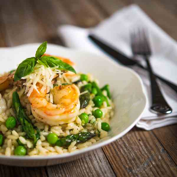 Spring Risotto with Lemon Garlic Shrimp