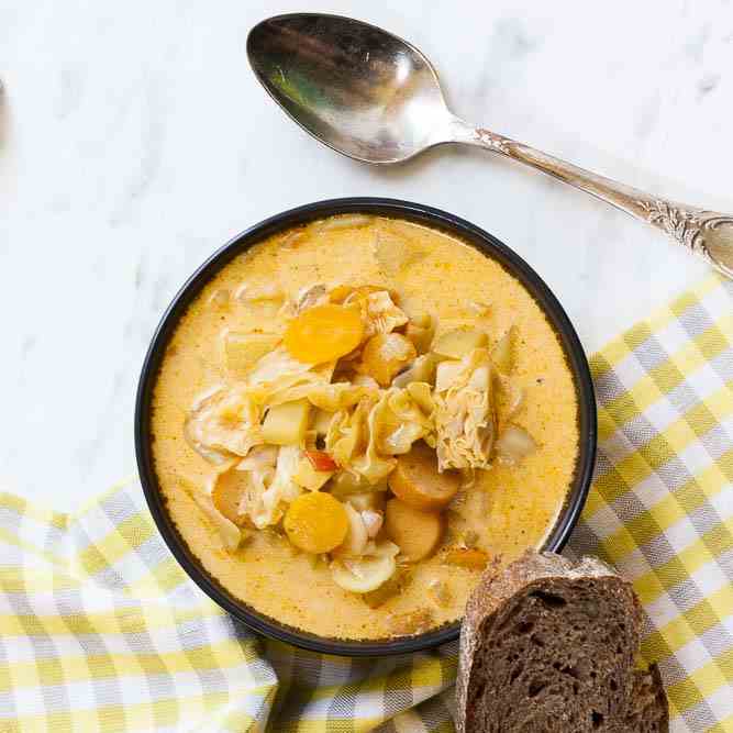 Vegan Cabbage Soup with Sausages