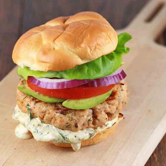 Salmon Burger with Lemon Dill Sauce