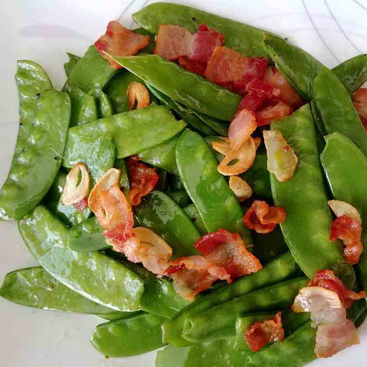 Snow Peas with Bacon and Fried Garlic