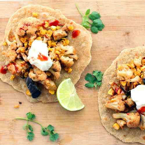 Cauliflower, corn and eggplant tacos