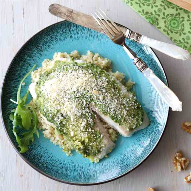 Baked TIlapia with Arugula Walnut Pesto