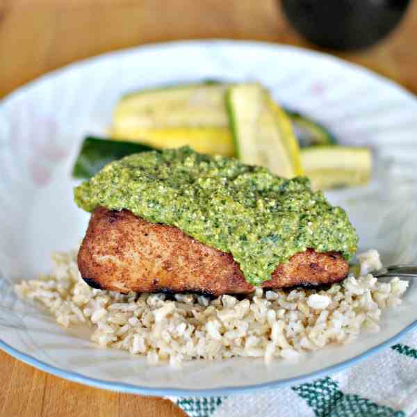 Jerk Rubbed Mahi with Yellow Pepper Pesto