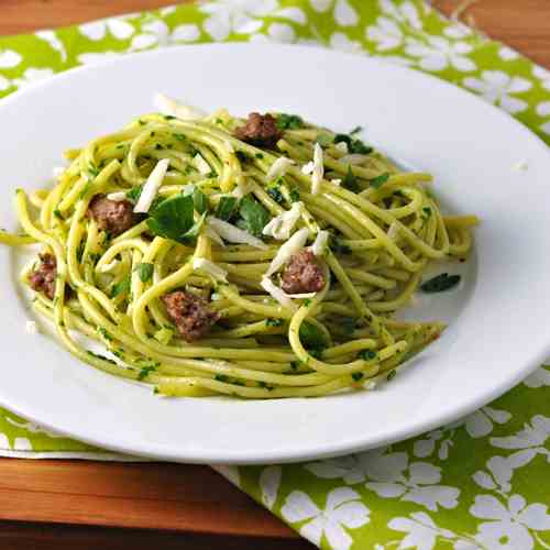 Spaghetti with Parsley Pesto & Sausage