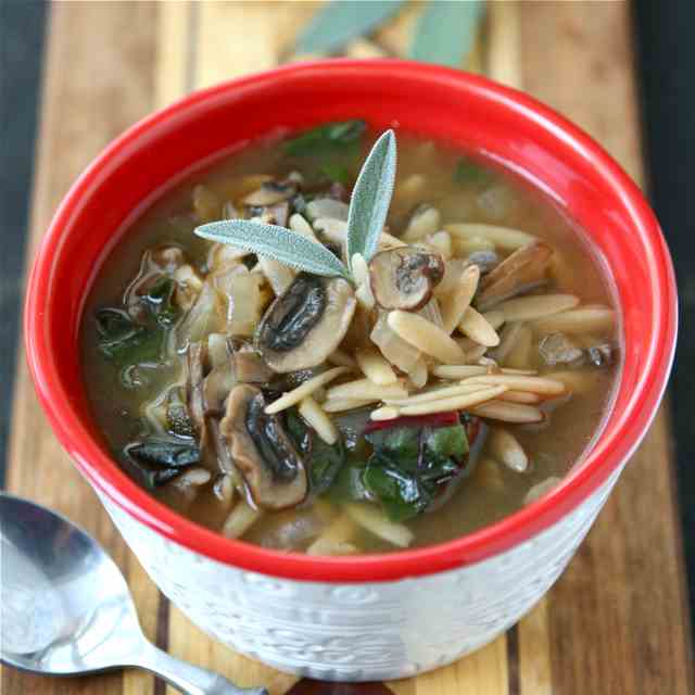 Healthy Mushroom, Orzo & Swiss Chard Soup