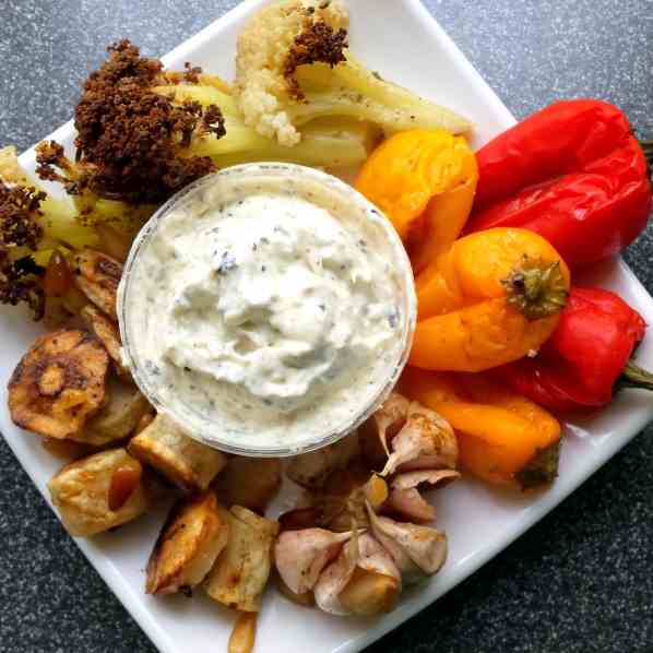 Seasonal roasted vegetables with dip