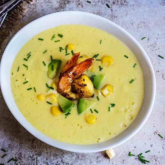 Chilled corn soup with garlic shrimp