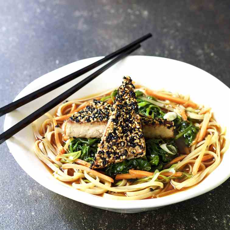 Sesame Tofu and Spinach with Rice Noodles