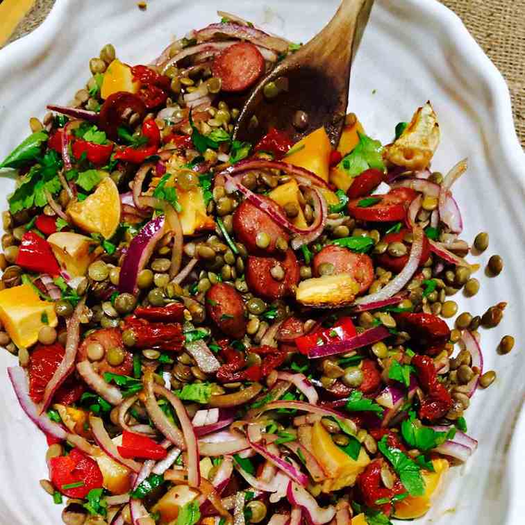 Lentils, chorizo and sun-dried tomatoes