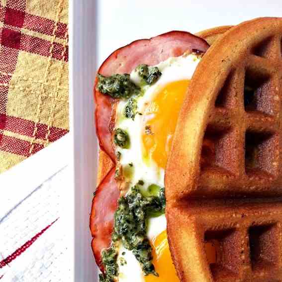 Green eggs and bacon waffle sandwich