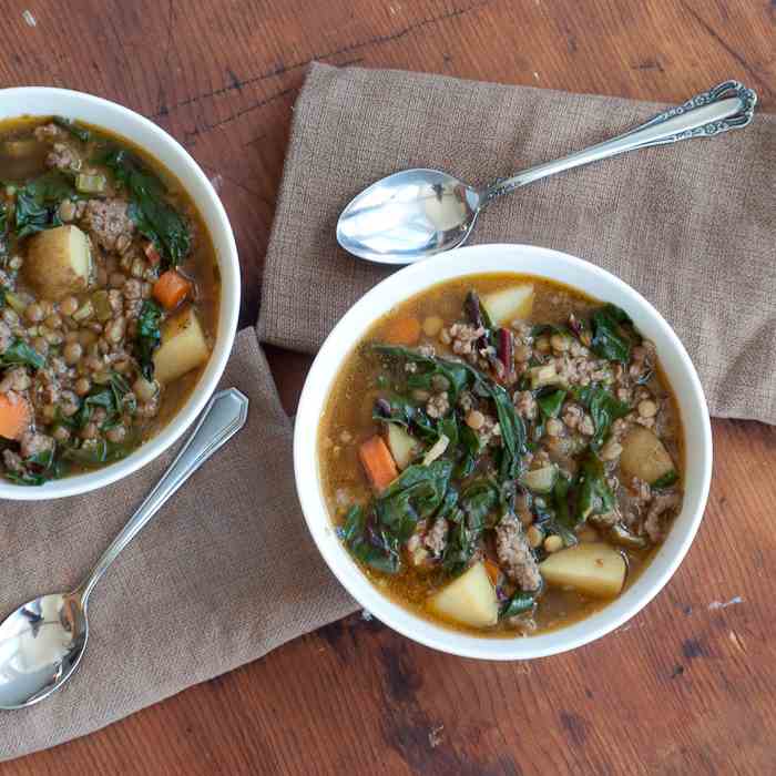 Chard, Lentil and Potato Soup with Sausage