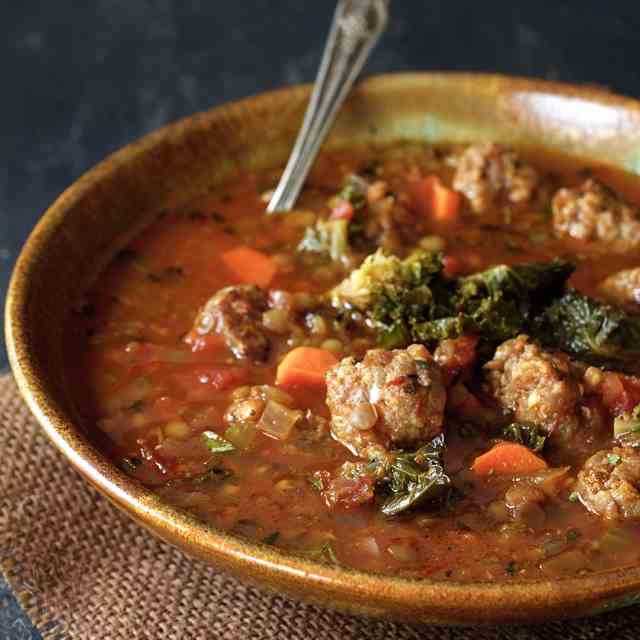 Sausage and Lentil Soup with Kale Sprouts
