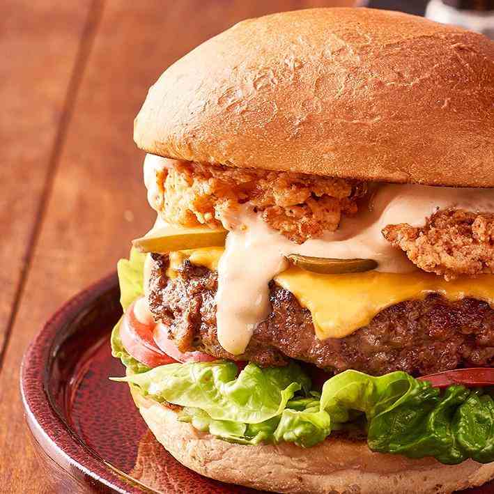 Beef Burger with Deep Fried Bacon