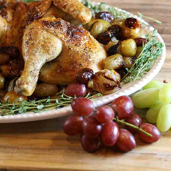 Roast spatchcock chicken and grapes