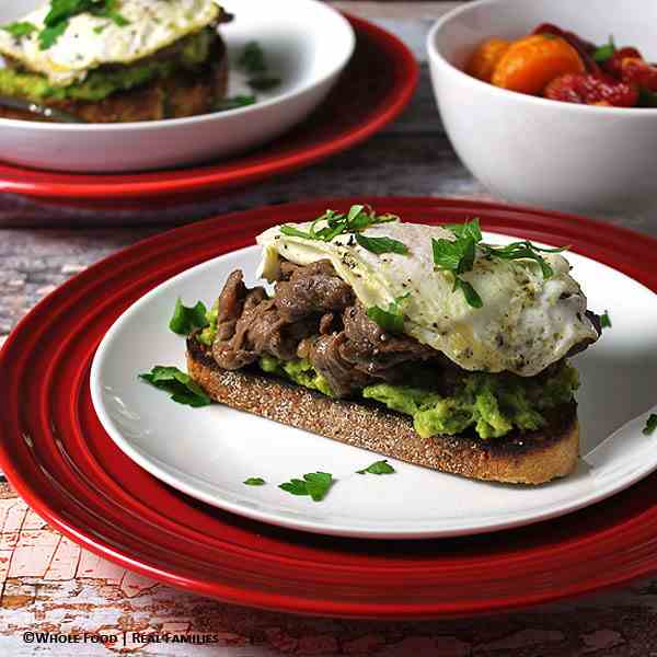 Avocado Crostini with Beef and Eggs