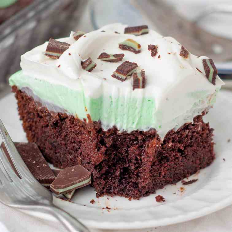 Fluffy Mint Cream Pudding Poke Cake