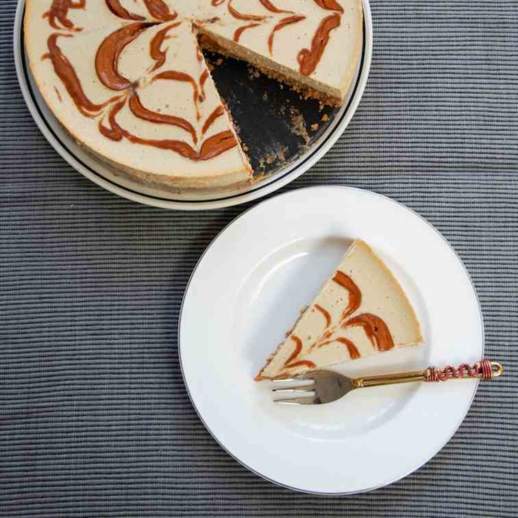 Banana baked cheesecake with peanut swirls