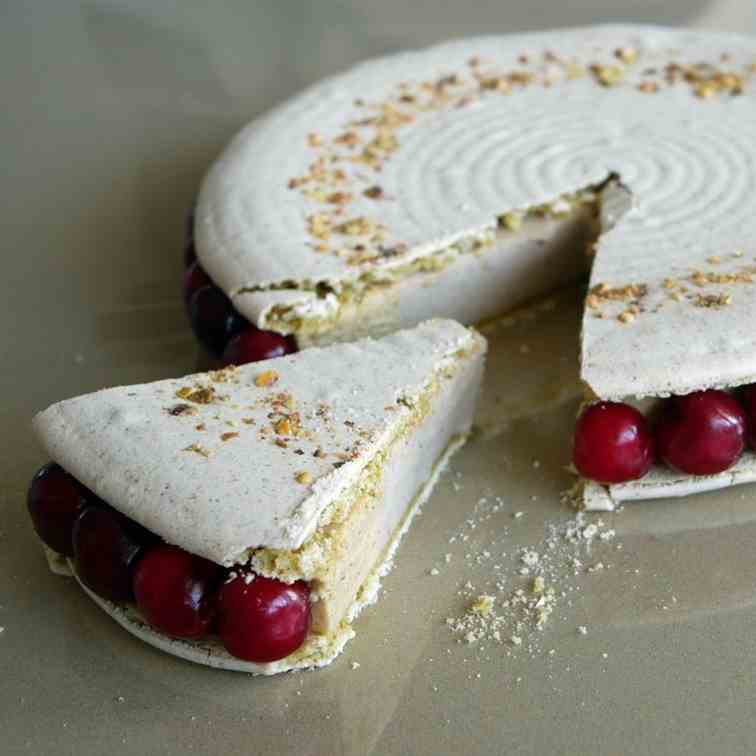 Pistachio and cherry macaron cake