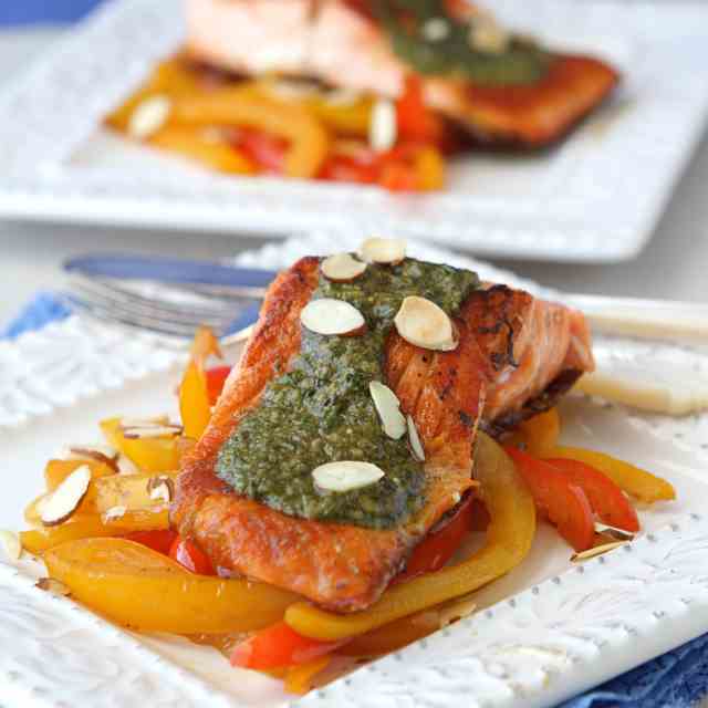 Seared Salmon w/Pesto & Sauteed Peppers