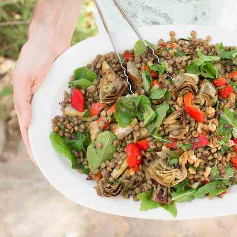 Lentils with roasted artichokes and pepper